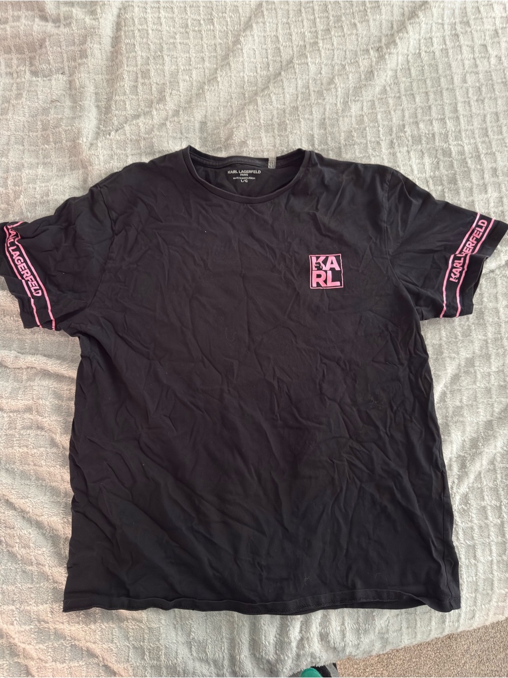 Karl Lagerfeld Black Tee with Pink Logo and Sleeve Trim